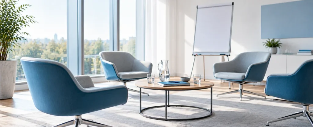 Heller Besprechungsraum mit blauen Sesseln um einen runden Tisch mit Wasserkaraffe und Notizbuch