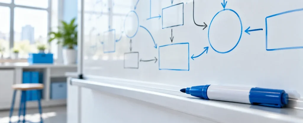 Whiteboard mit einem skizzierten Netz aus Kästen, Kreisen und Pfeilen, davor ein blauer Marker