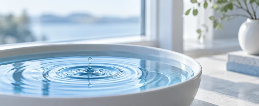 Ein Wassertropfen fällt in eine Schale und zieht konzentrische Kreise